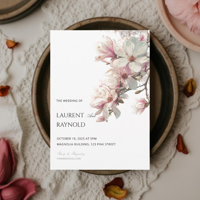 Invitation Blush Pink Magnolia Botanical Watercolor Wedding  (Créateur téléchargé)