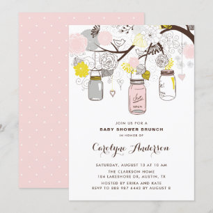 Invitation Blush Pink Mason Jars Baby shower Floral Brunch