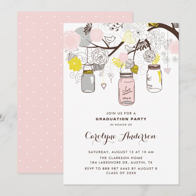 Invitation Blush Pink Mason Jars Floral Graduation Party (Devant / Derrière)