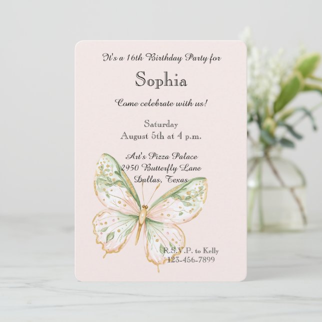 Invitation Blush Pink Mint Green Gold Butterfly Birthday (Debout devant)