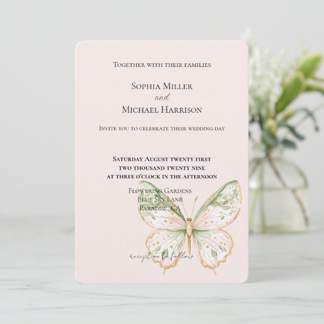 Invitation Blush Pink Mint Green Gold Butterfly Wedding (Debout devant)