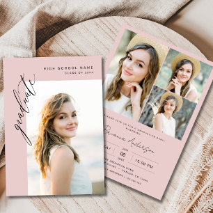 Invitation Blush Pink Modern 2 Photo Graduation Party