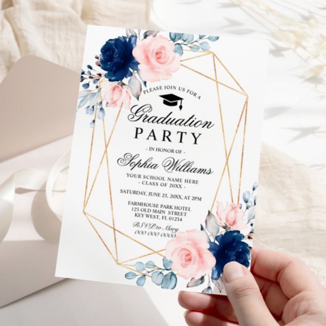 Invitation Blush Pink & Navy Blue Floral Graduation Party (Créateur téléchargé)