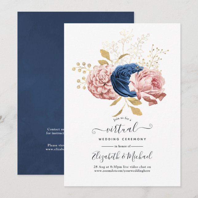 Invitation Blush Pink, Navy et Gold Floral Mariage virtuel (Devant / Derrière)