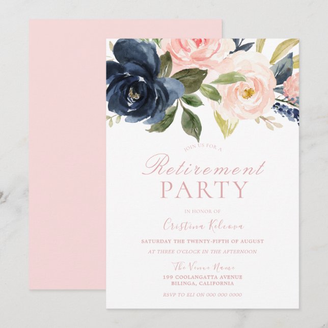 Invitation Blush Pink & Navy Floral Pretty RetiParty (Devant / Derrière)