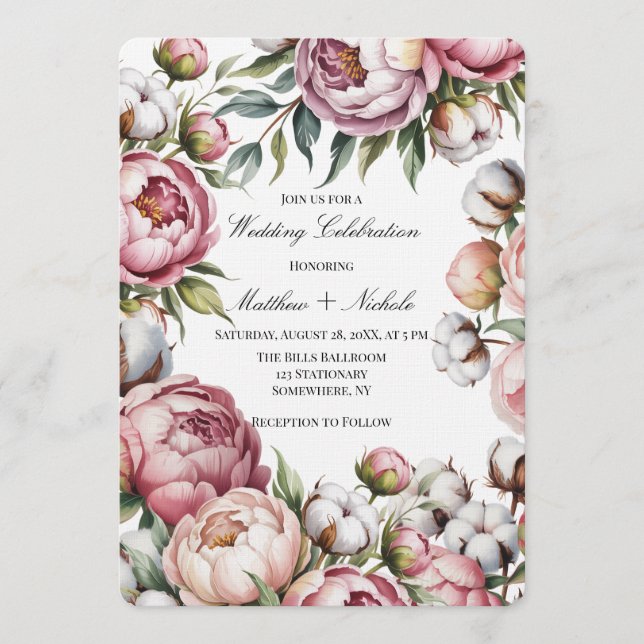 Invitation Blush Pink Peony and Cotton Wedding Celebration (Devant)