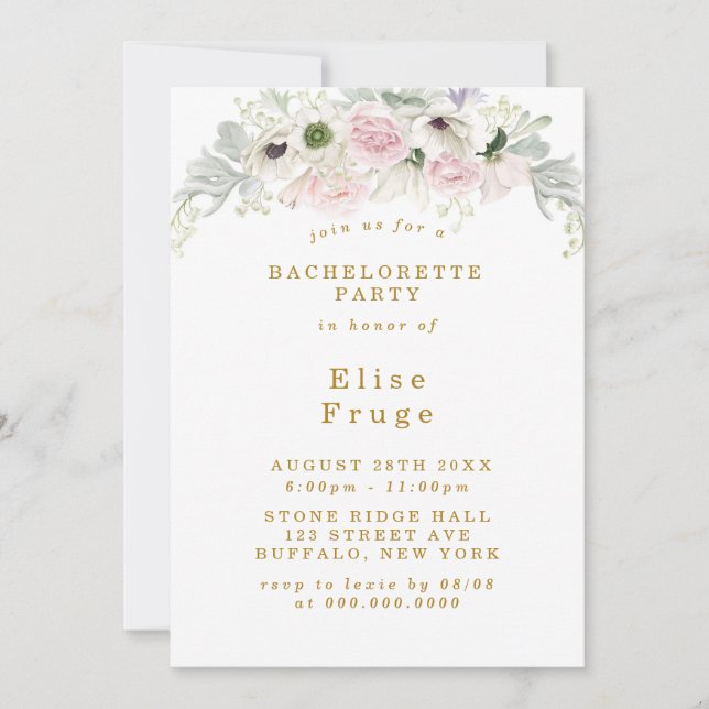Invitation Blush Pink Peony Anemone Gold Bachelorte (Devant)