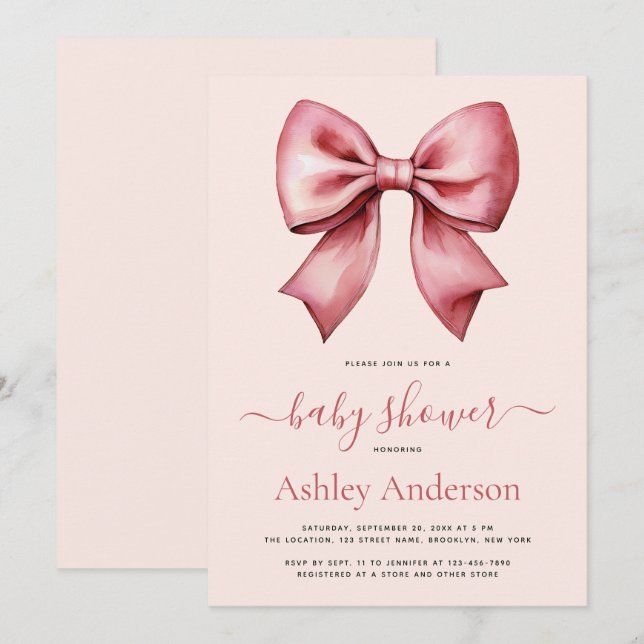 Invitation Blush Pink Red Bow Girl Baby Shower (Devant / Derrière)