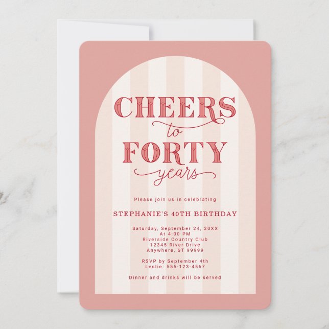 Invitation Blush Pink Red Cheers à 40 ans 40e anniversaire (Devant)