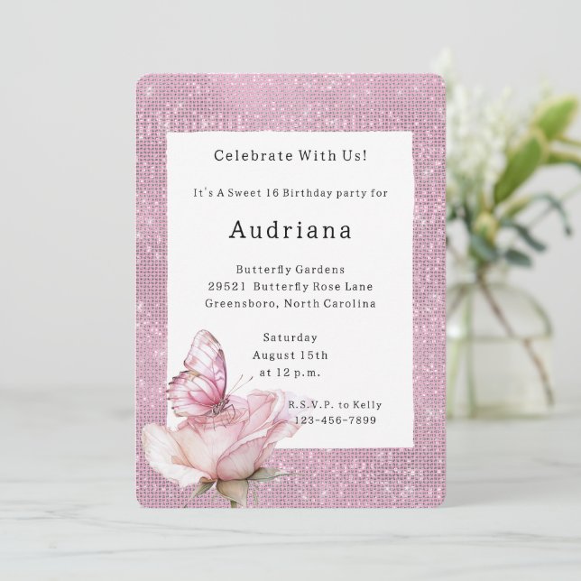 Invitation Blush Pink Rose Butterfly Sparkle Birthday (Debout devant)