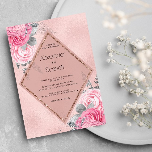 Invitation Blush pink silver glitter peony floral Wedding  (Blush pink silver glitter peony floral Wedding)