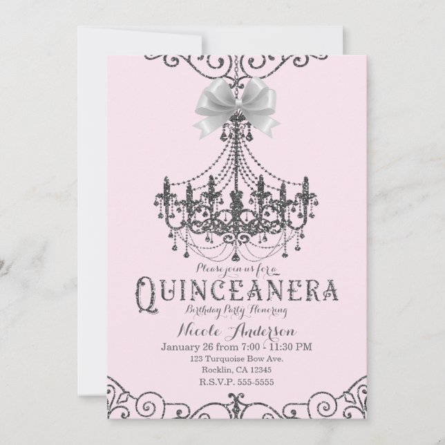 Invitation Blush Pink Silver White Bow Quinceañera 15 15e (Devant)