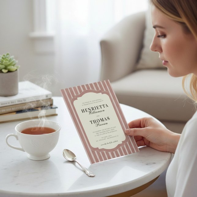 Invitation Blush Pink Vertical Stripe QR Wedding Invite (Créateur téléchargé)