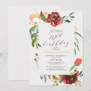 Invitation Blush Red Floral 70e fête d'anniversaire surprise