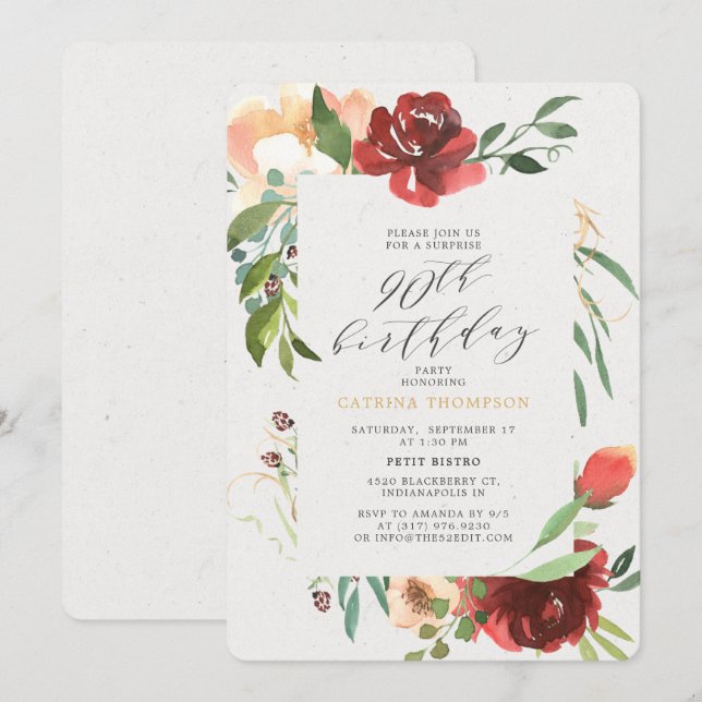 Invitation Blush Red Floral 90e fête d'anniversaire surprise (Devant / Derrière)