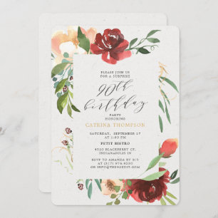 Invitation Blush Red Floral 90e fête d'anniversaire surprise