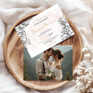 Invitation Blush Romantique avec Fleurs Noires et Dos Photo
