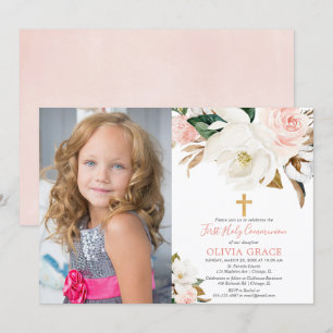 Invitation Blush rose blanc floral rustique communion photo