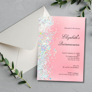 Invitation Blush Rose Blanc Paillettes Glam Bling Quinceanera