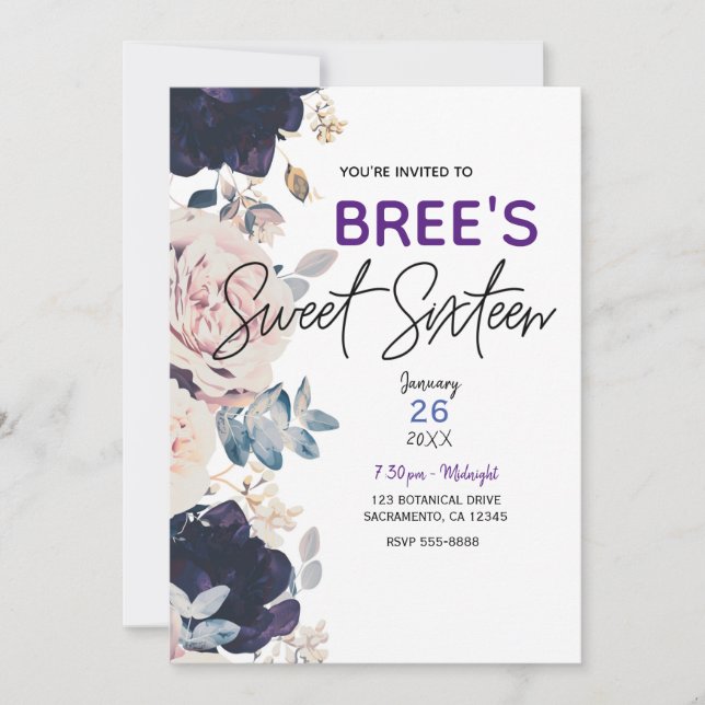Invitation Blush rose & Bleu Botanique Floral Sweet 16 Party (Devant)