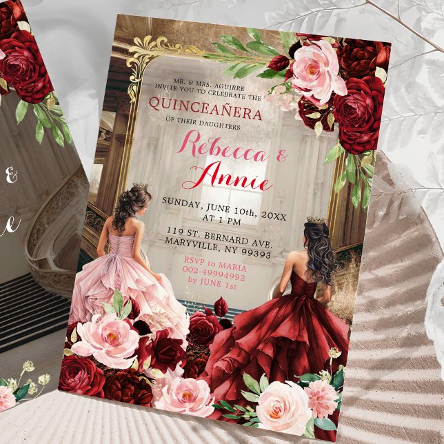 Invitation Blush rose Bourgogne Rouge Floral Twins Quinceañer (Créateur téléchargé)
