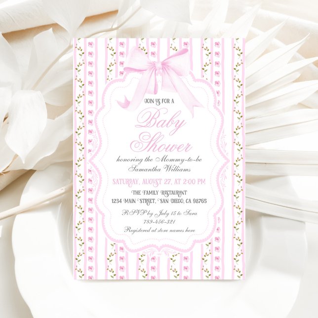 Invitation Blush Rose Bows Floral Élégant Baby shower fille (Créateur téléchargé)