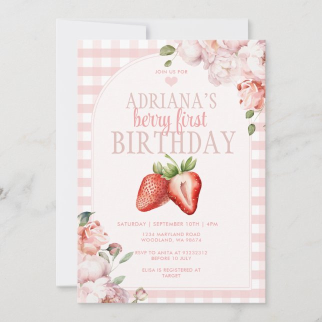 Invitation Blush Rose En vichy Berry Sweet Anniversaire (Devant)