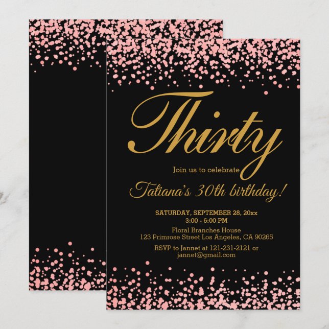 Invitation Blush rose et noir Rose Gold Parties scintillant O (Devant / Derrière)