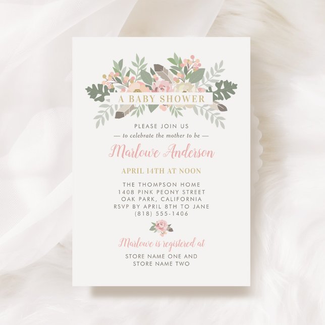 Invitation Blush rose et or Floral Boho Baby shower fille (Créateur téléchargé)