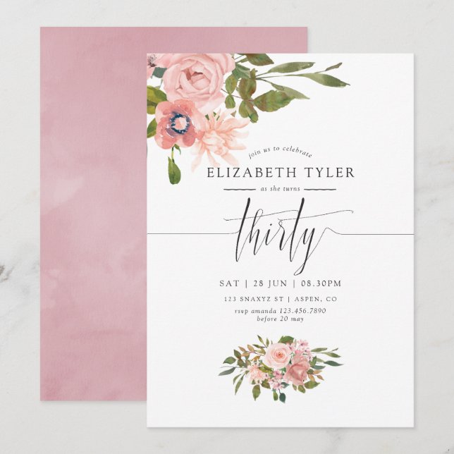 Invitation Blush rose et Rose Gold 30e fête d'anniversaire (Devant / Derrière)