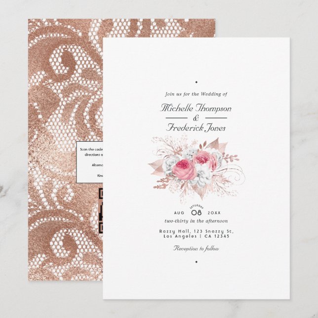 Invitation Blush rose et Rose or Floral et Mariage dentelle (Devant / Derrière)