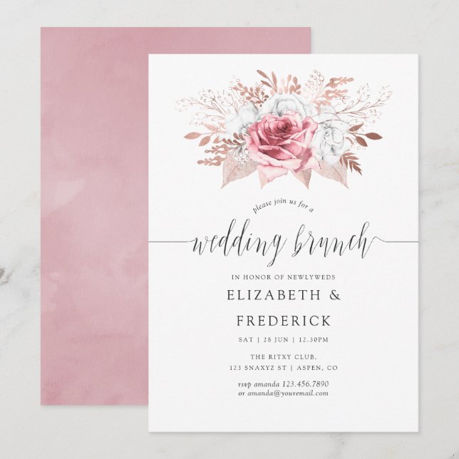 Invitation Blush rose et Rose or Mariage Floral Brunch (Devant / Derrière)