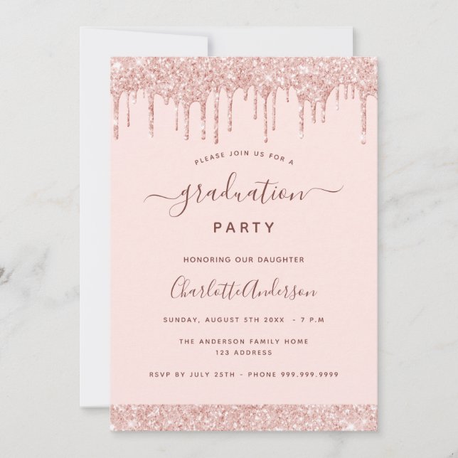 Invitation Blush rose fête de graduation rose or fille (Devant)