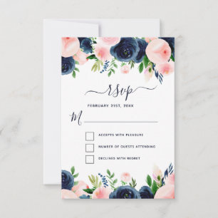 Invitation Blush Rose Fleurs Aquarelle Navy Blue RSVP
