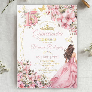 Invitation Blush Rose Fleurs Papillons Dorés Quinceañera