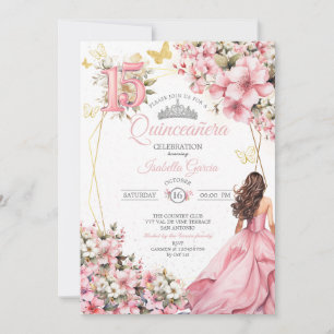 Invitation Blush Rose Fleurs Papillons Dorés Quinceañera