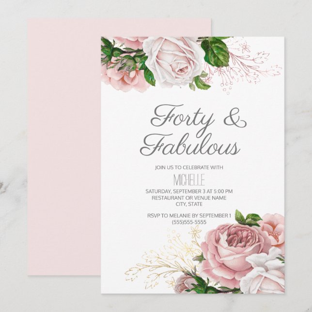 Invitation Blush rose Floral 40 et Fabuleux anniversaire (Devant / Derrière)