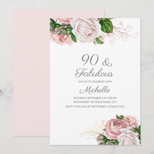 Invitation Blush rose Floral 90 et Fabuleux anniversaire (Devant / Derrière)