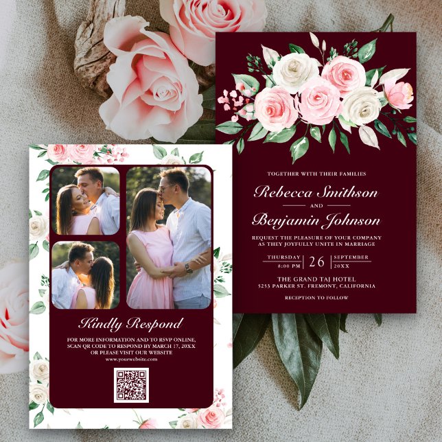 Invitation Blush rose Floral Bourgogne QR Code Mariage (Créateur téléchargé)