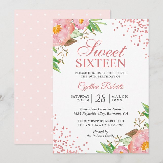 Invitation Blush Rose Floral Confetti Sweet 16 Anniversaire (Devant / Derrière)