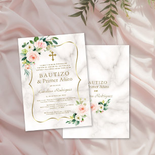 Invitation Blush rose Floral Espagnol 1er Anniversaire Baptêm