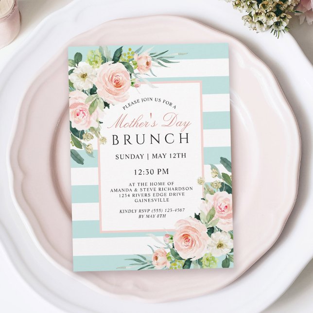 Invitation Blush Rose Floral et rayures Fête des Mères Brunch (Available in both printed and instant download digital formats.)