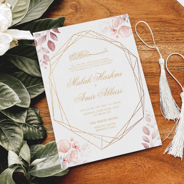 Invitation Blush rose Floral Feuille Gold Musulman Mariage (Créateur téléchargé)