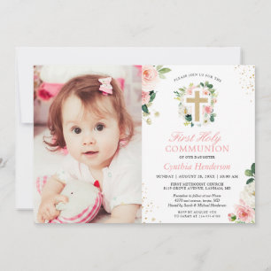 Invitation Blush rose Floral Girl First Holy Communion Photo