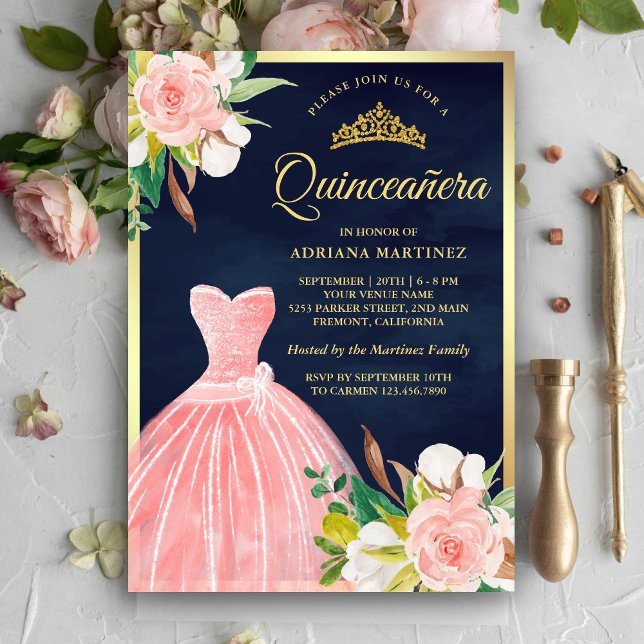 Invitation Blush rose Floral Gown Marine Blue Gold Quinceaner (Créateur téléchargé)