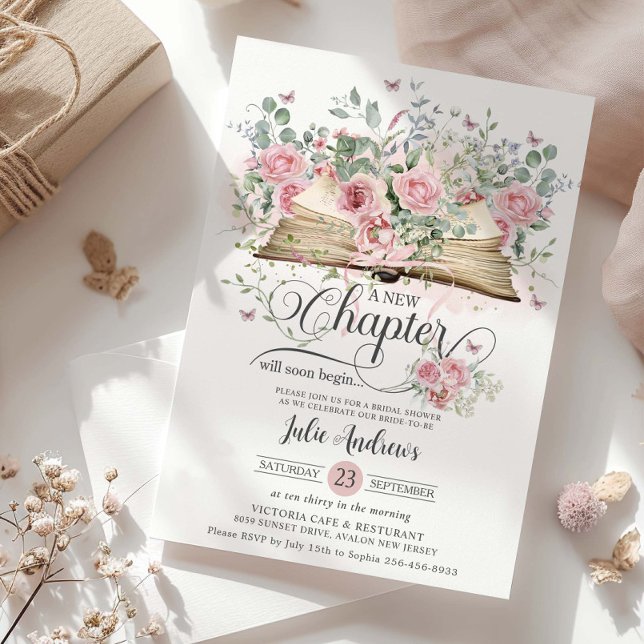 Invitation Blush Rose Floral Livre Nouveau Chapitre Fête des  (Créateur téléchargé)