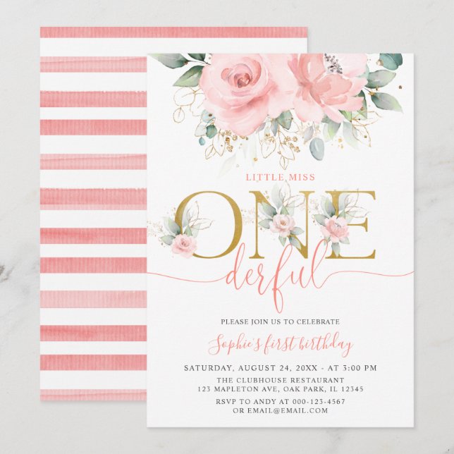 Invitation Blush rose Floral Onederful Baby Girl 1er annivers (Devant / Derrière)