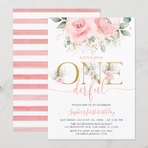 Invitation Blush rose Floral Onederful Baby Girl 1er annivers