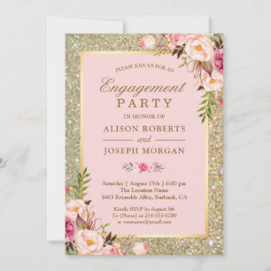 Invitation Blush Rose Floral Or Étincelle Partie d'engagement