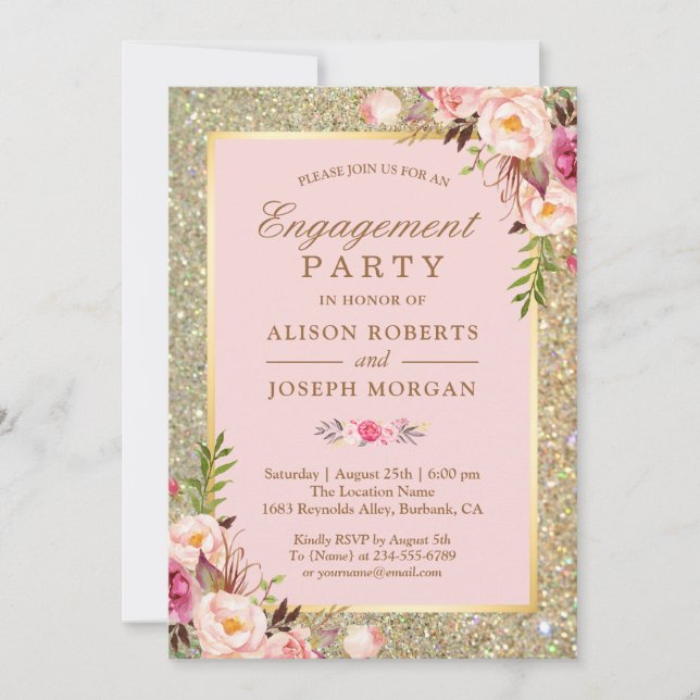 Invitation Blush Rose Floral Or Étincelle Partie d'engagement (Devant)